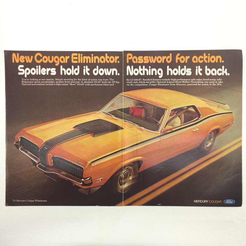 VTG Mercury Cougar Eliminator Advertising Print Ad Orange Muscle Car 1970 2-Page